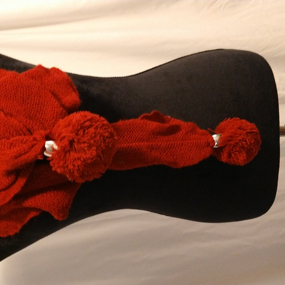 Ruby red knit scarf with silver detail pom ball ends - Picture 2 of 4